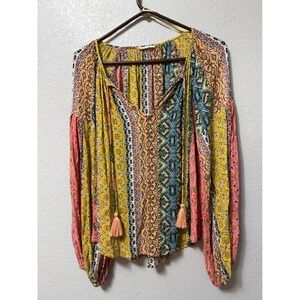 Lovestitch Womens Boho Patchwork Tassel Peasant Blouse Metallic Yellow Pink S